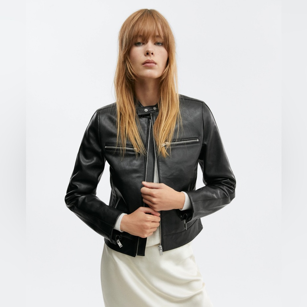 MANGO Selection 100% Leather Zipper Biker Jacket Luxury Minimalist Size L NWT
